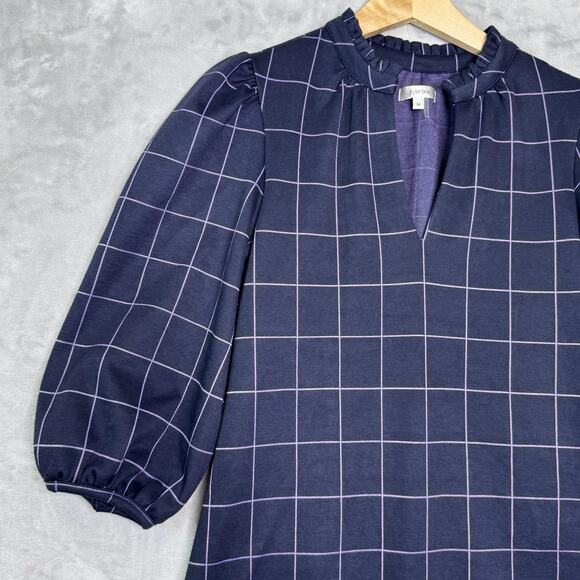 Tyler Boe Dress Womens Medium Blue Windowpane Check Puff Sleeve Shift Modern - Picture 4 of 13